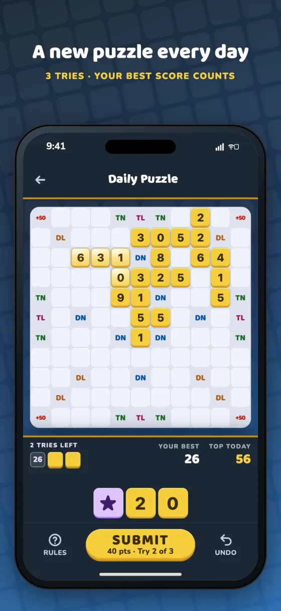 The Daily Puzzle: the same board and tiles for everyone, three tries