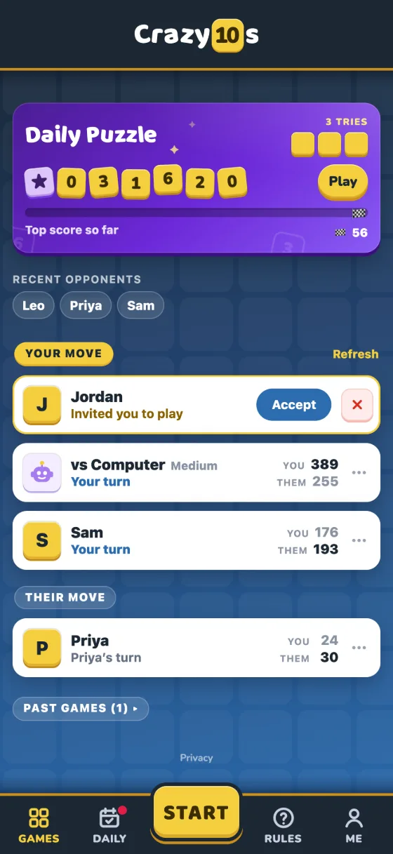 Home: an invite, your games and the Daily Puzzle