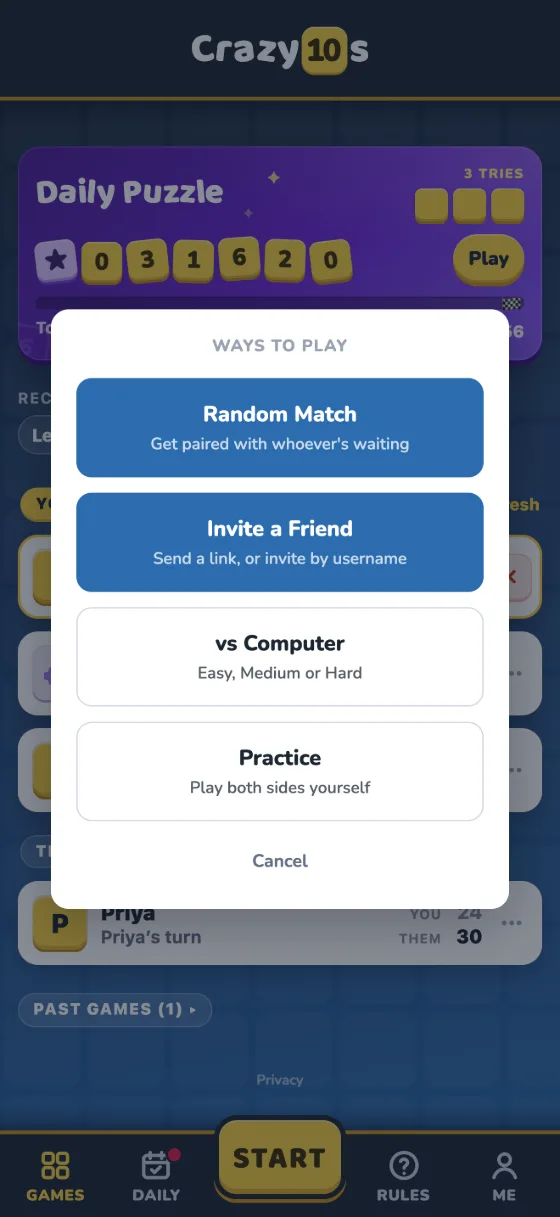 Ways to play: Random Match, Invite a Friend, vs Computer and Practice